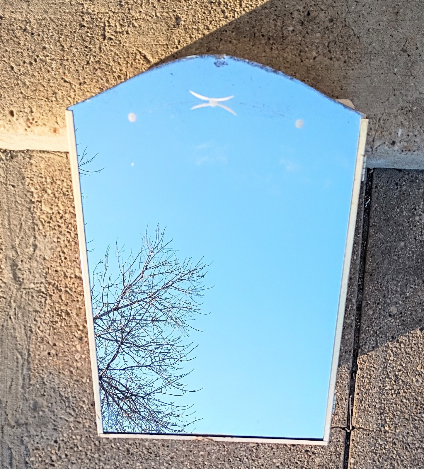 Vintage Metal Wall Mount Medicine Cabinet Arched Door Mirror Etched Lines & Dots