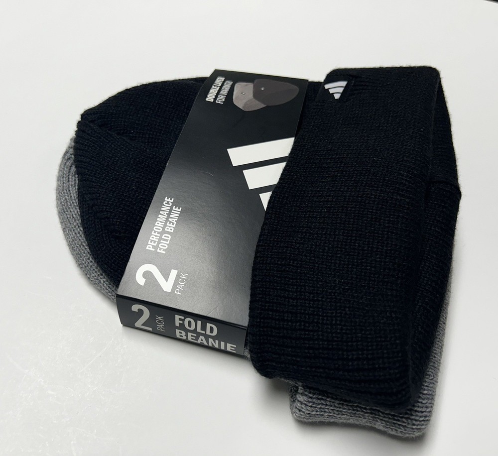 Adidas Performance Fold Beanie Hat 2-pack Double Layer for Warmth Black & Gray