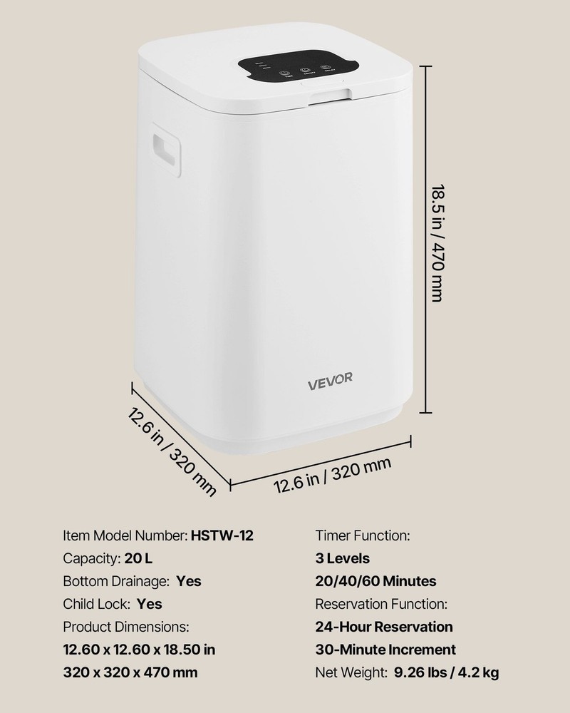 20L Heated Towel Warmer with LED Timer & Temp Control, 4 Hooks, White
