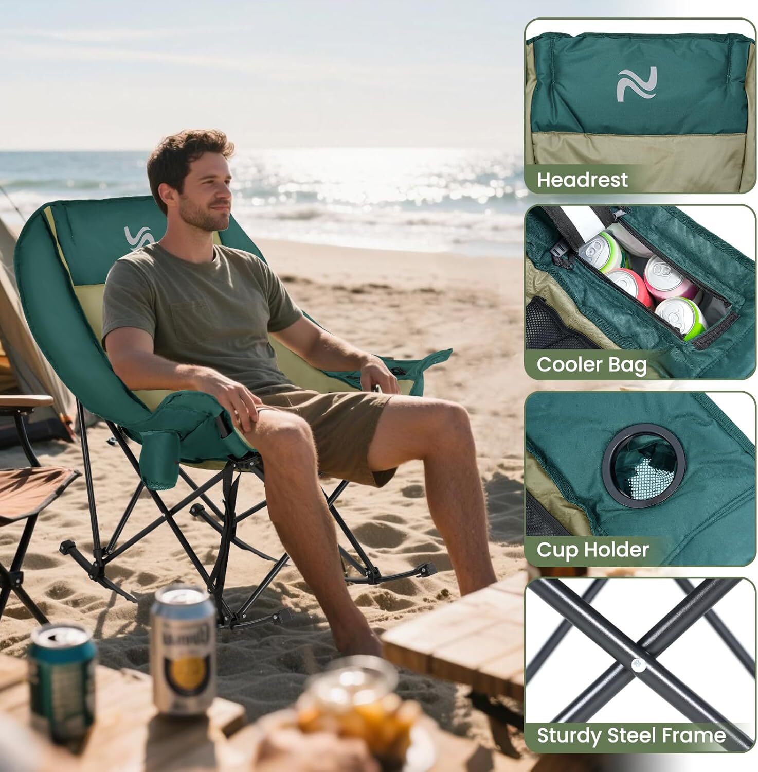 H&ZT Oversized Rocking Camping Chair Padded Folding Lawn Chair with Cooler Bag