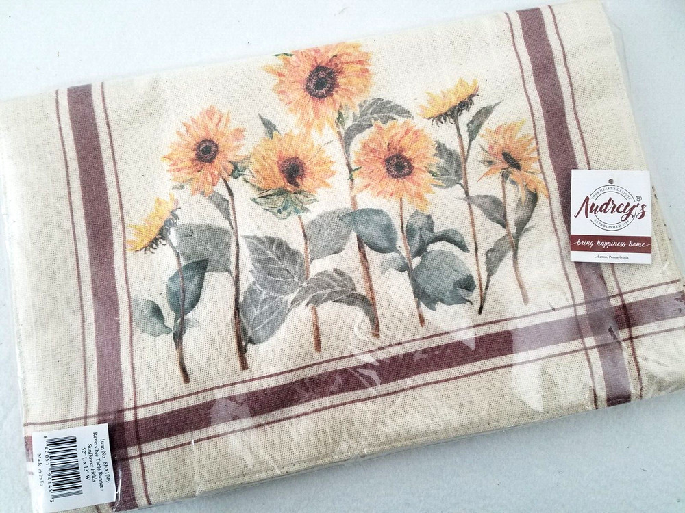 Audrey's. Reversible Table Runner, SUNFLOWER FIELDS, 52" x 13", NEW