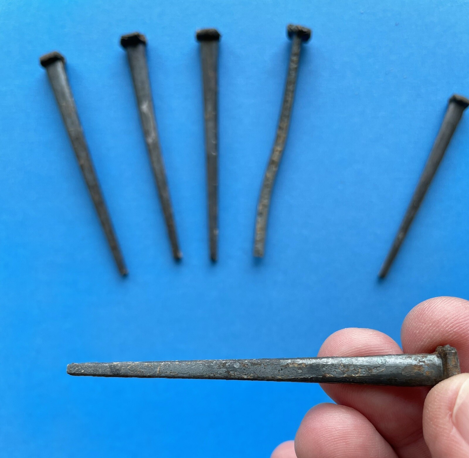 Lot Of 5 Iron Hand Cut 3” Square Head Nails Used Rusty Vintage (plus One 2.5”)