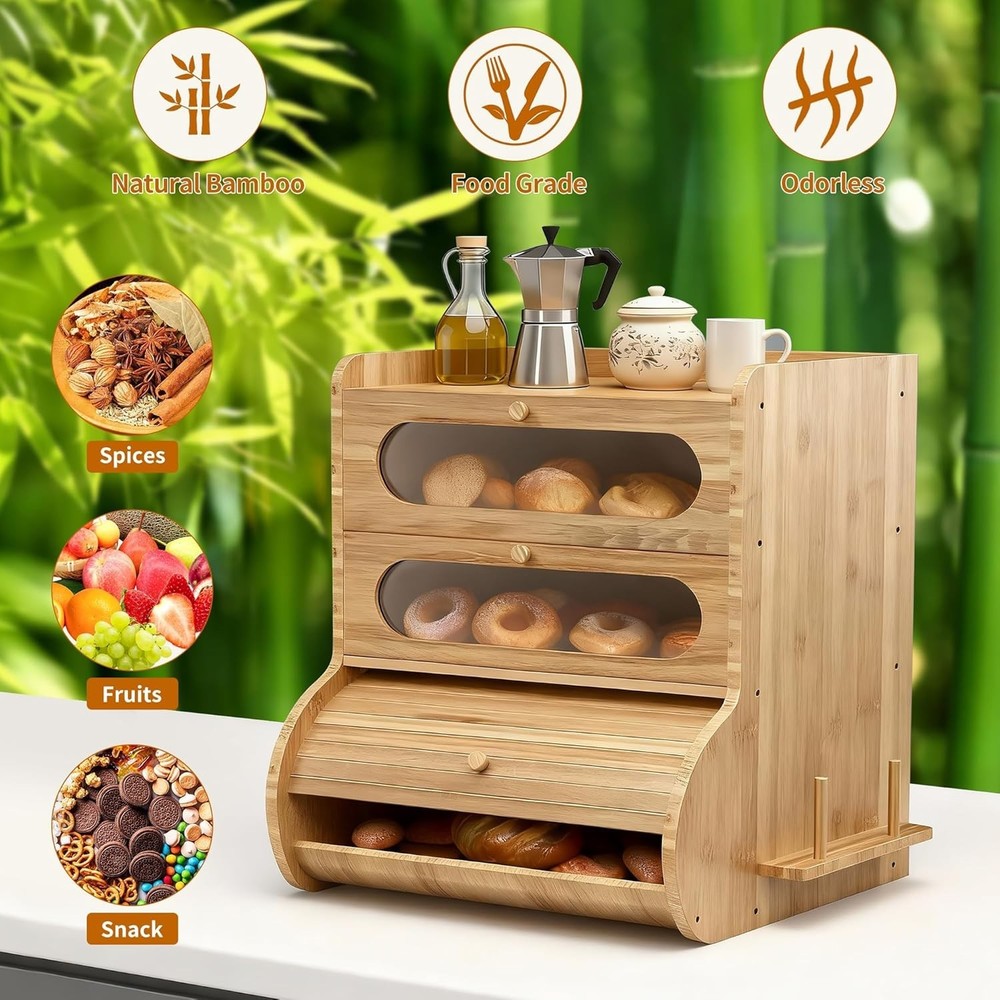 Bread Box for Kitchen Countertop, 3 Tier Large Capacity Breadbox, with Window, C