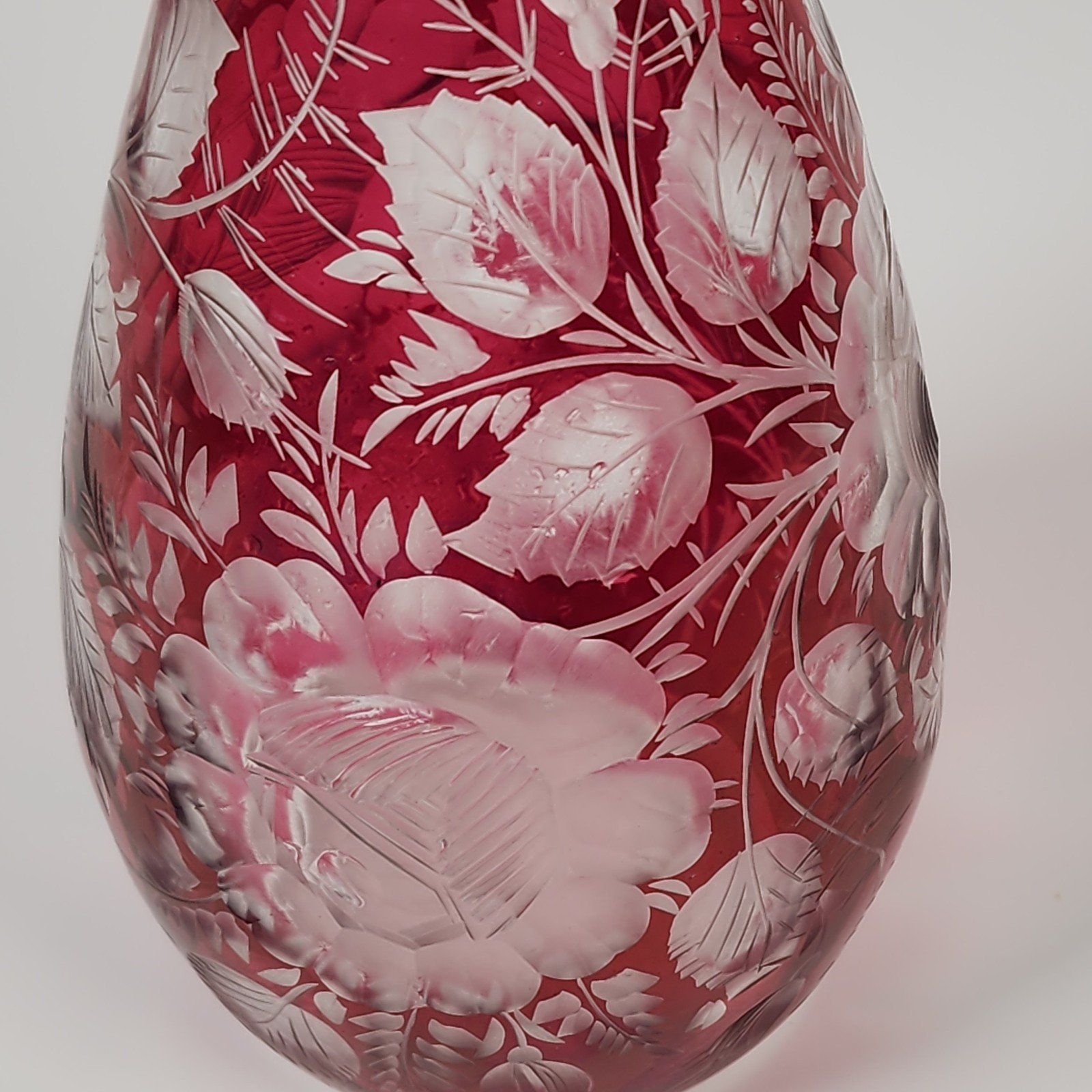 Bohemian Art Glass Ruby Red Liquor Decanter Etched Floral Design Vintage