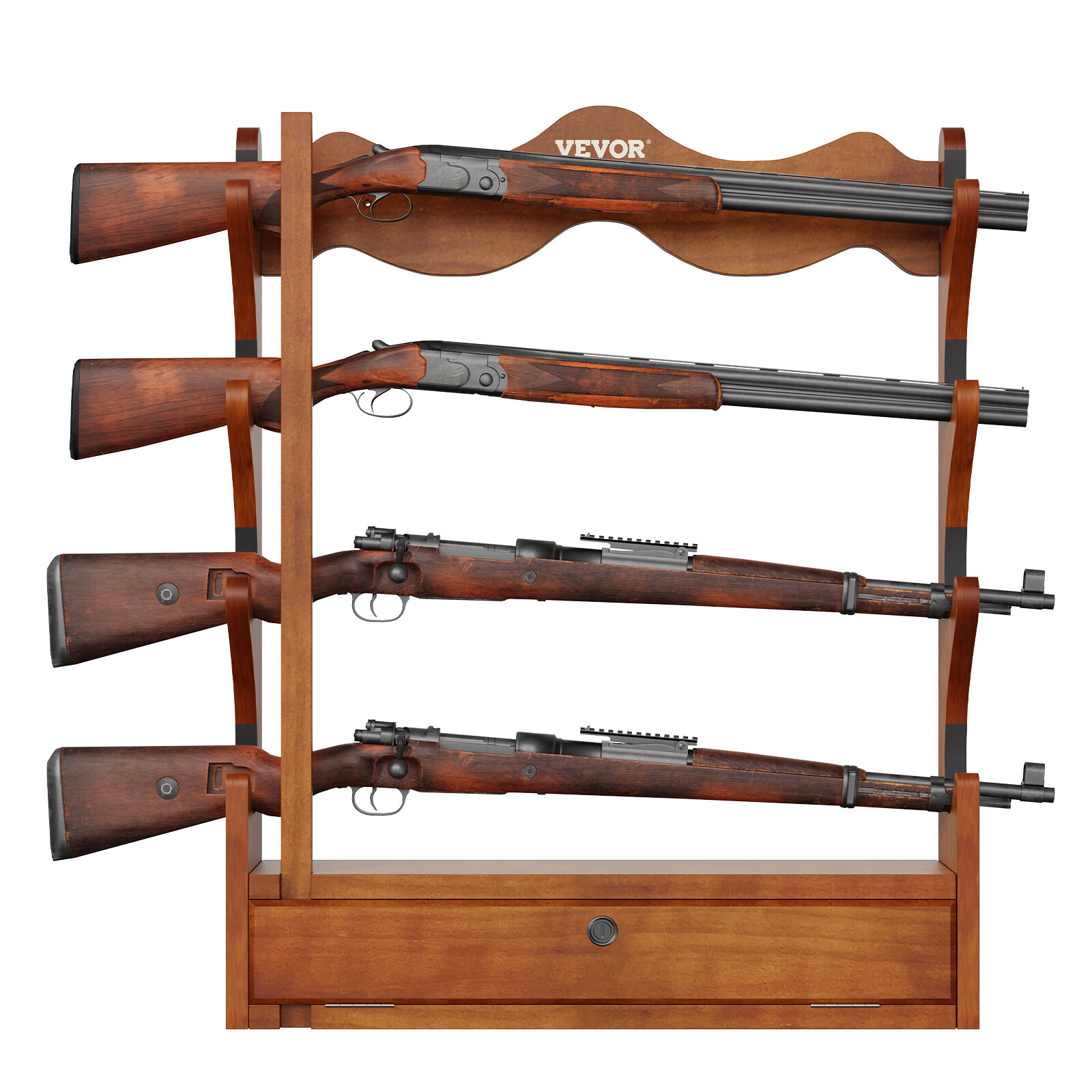VEVOE Gun Rack 4-Slot Wood Gun Rack Wall Mount Gun Display Rack holds 4 Rifles