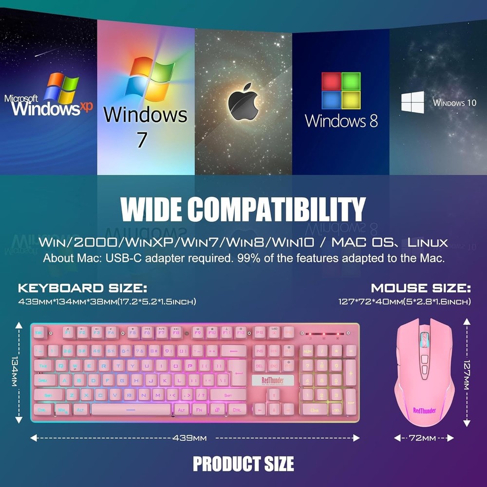 Durable Pink Wireless Gaming Keyboard Mouse Combo Anti-Ghosting