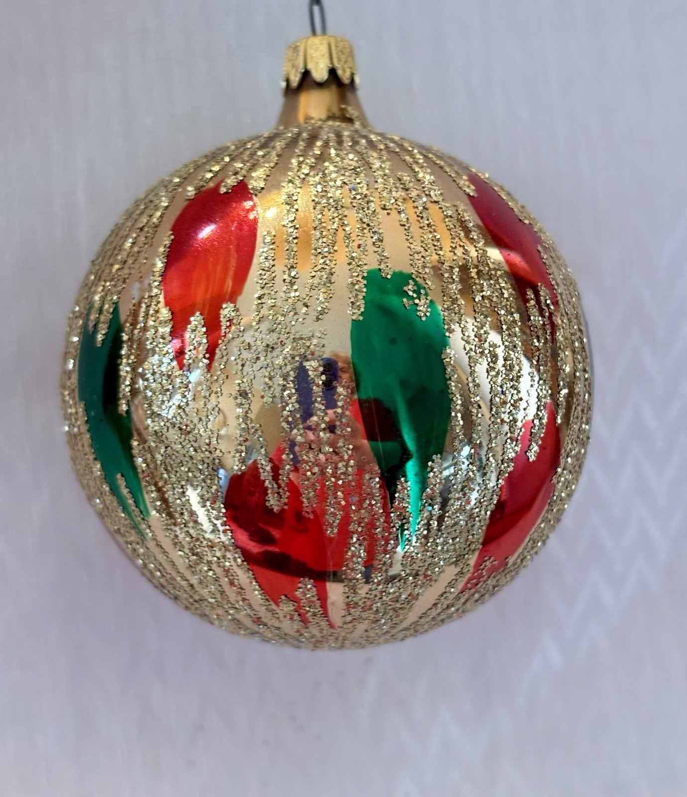 Vintage Gold, Red, Green And Glitter Glass Christmas Tree Ornament Holiday Decor
