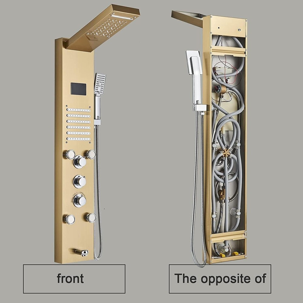 LED Shower Panel Tower System Rainfall Waterfall Massage Jet Spraye Brushed Gold