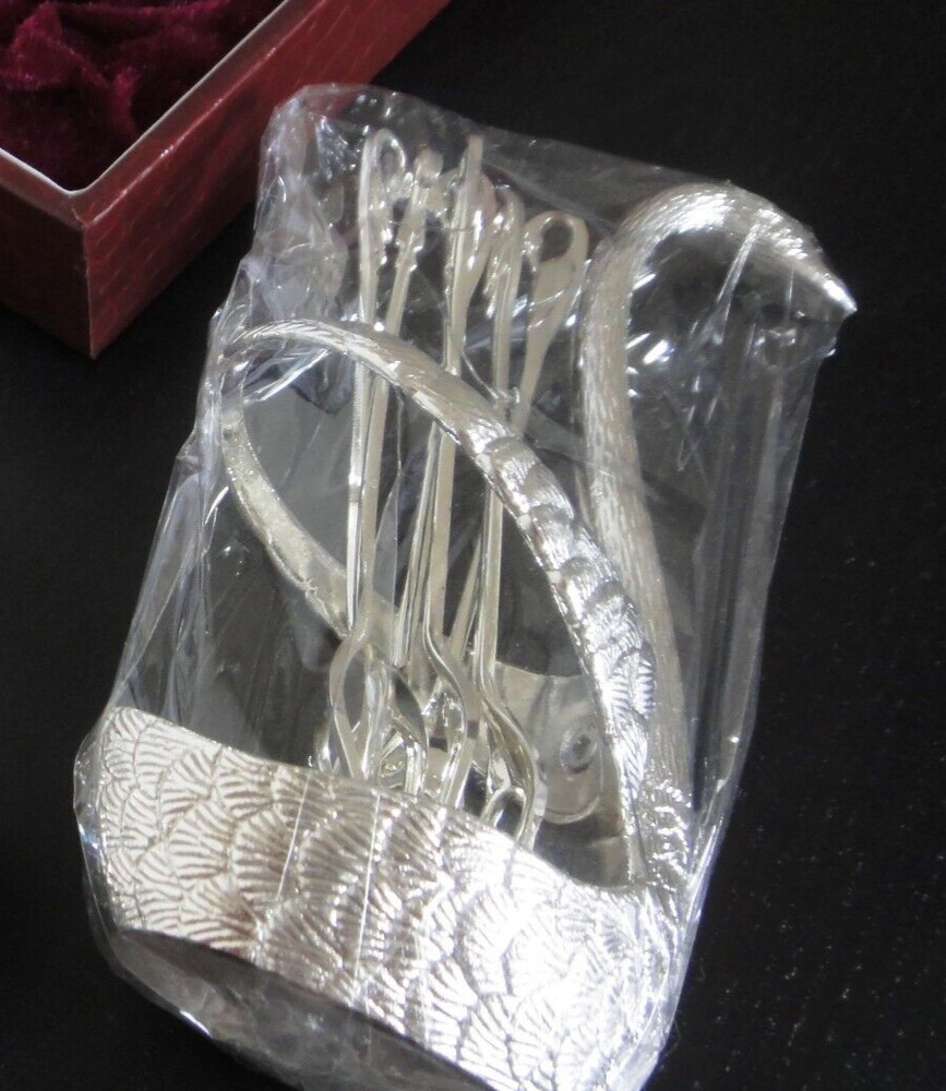 🆕6-pc MINI FORKS SET Silver plated 2-prong Aperitives Flatware SWAN STAND -NEW