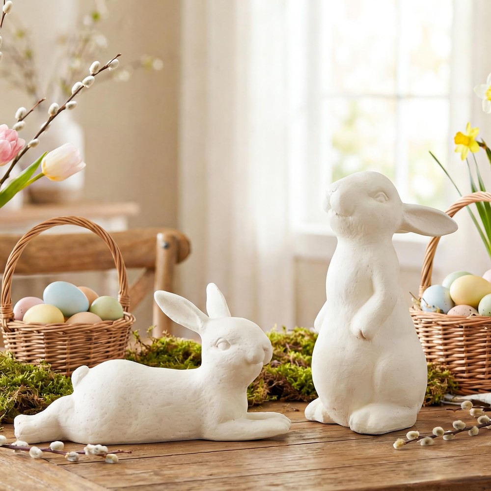2 Pcs Easter Terracotta Bunny Figurines Decorations Rustic Rabbit Standing Bu...