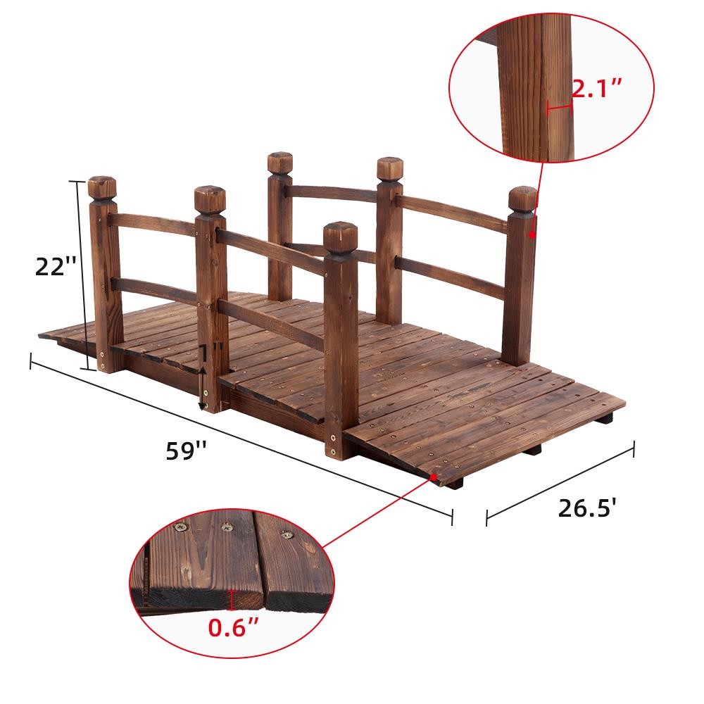 4.9' Wooden Bridge Stained Finish Decorative Solid Wood Garden Pond Arch Walkway