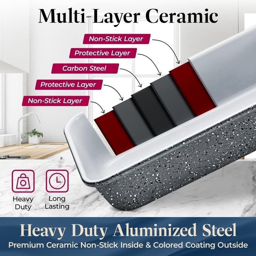 Bakken 8-Piece Stackable Bakeware Set - Ceramic Non-Stick Coating, Marble Color