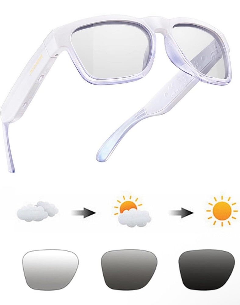 OhO Smart Glasses,Polarized Sunglasses w/Bluetooth Speaker, White Transitional