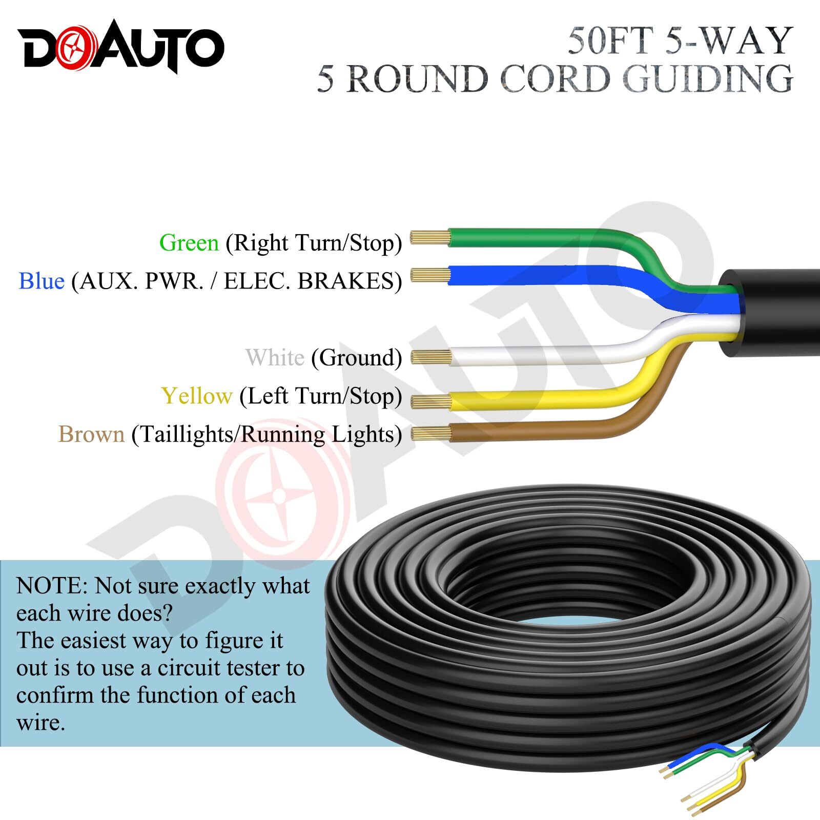 50ft Heavy Duty 14AWG 5-Way RV Trailer Wiring Harness Cable