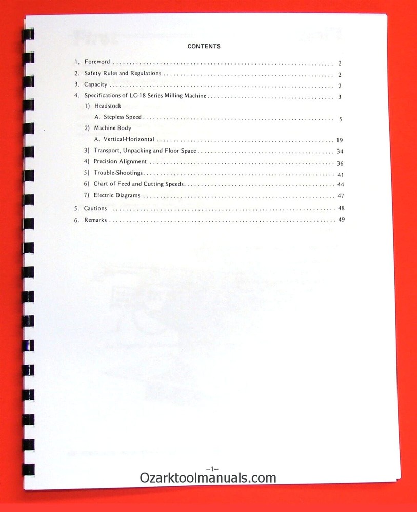 FIRST LC-18VS LC-18VHS Horizontal/Vertical Milling Machine Operators Manual 1027