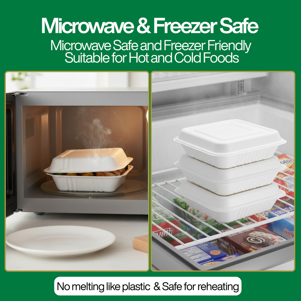Bagasse Hinged Container, White, PFAS FREE, 8" x 8", 100pc