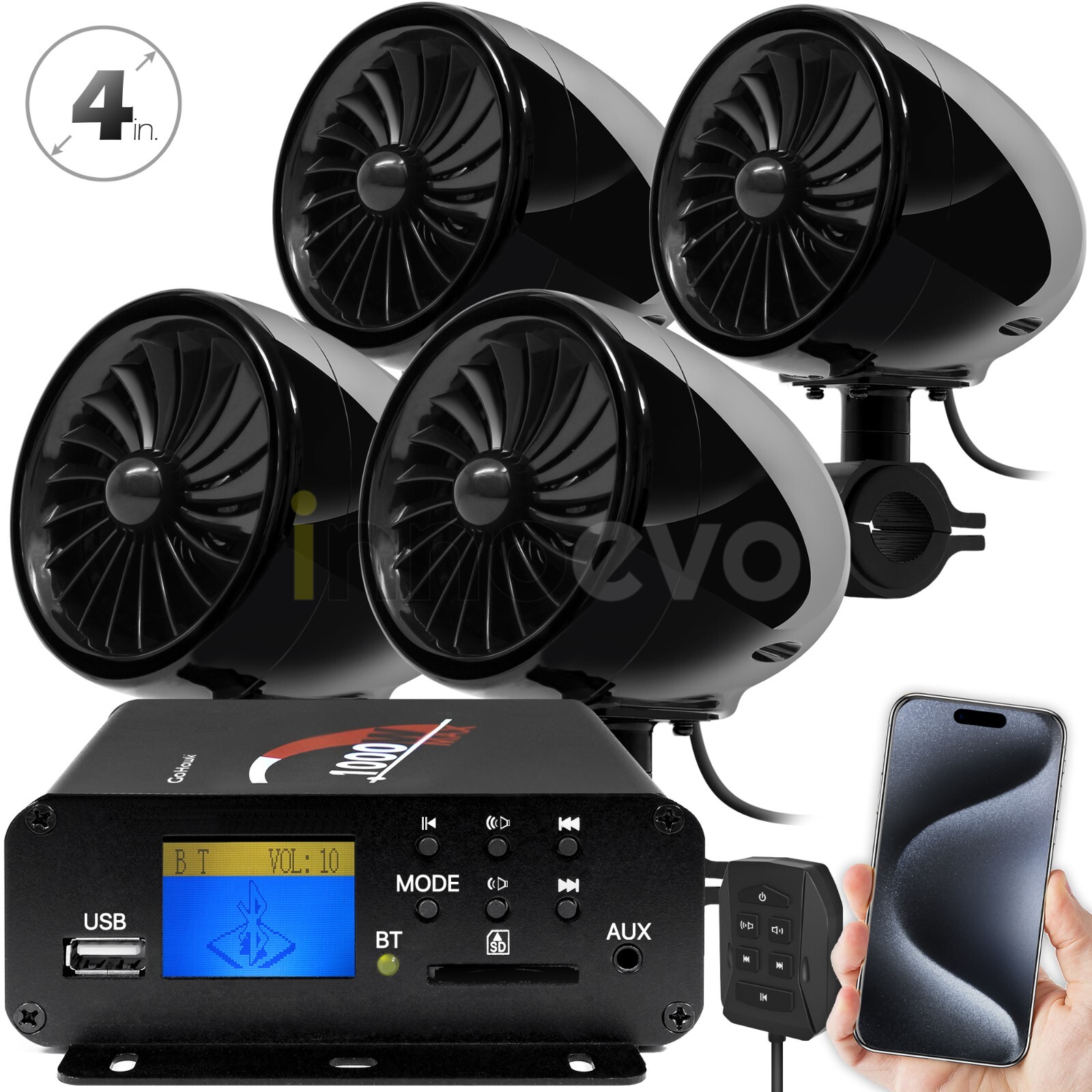 1000W Motorcycle Bluetooth 4 Speakers Stereo Audio System ATV UTV Can-Am Polaris