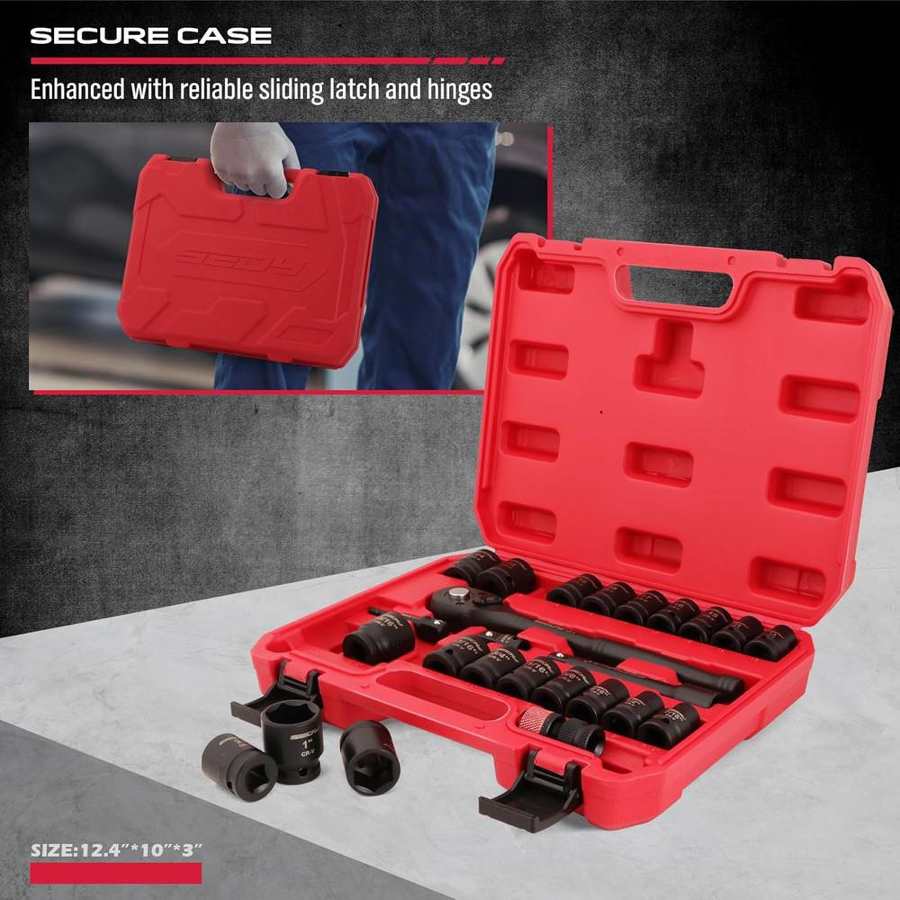 1/2" Drive Socket Set: 25-Piece SAE & Metric Impact Socket Ratchet Tool Set So