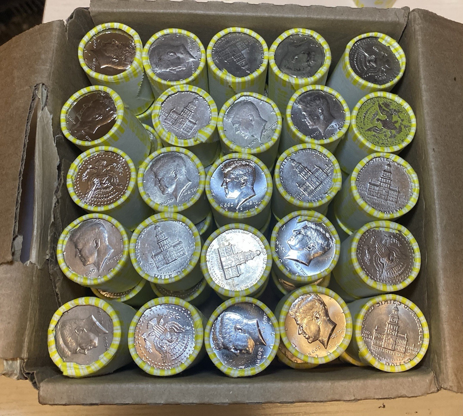 Lot of 5 Rolls Kennedy Half Dollar Coins $50FV OBW (Unsearched) Bank 100 coins!