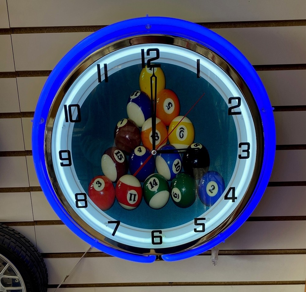 BILLIARD BALLS RACK POOL TABLE METAL LARGE DOUBLE RING NEON CLOCK