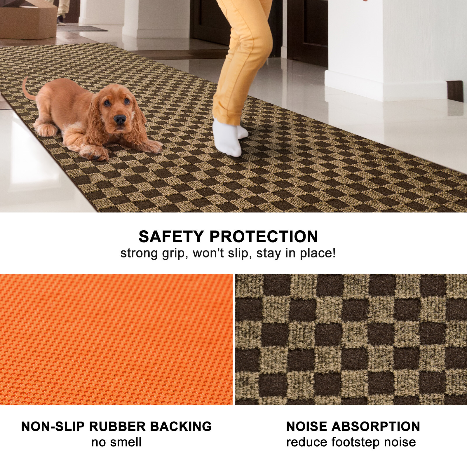 Runner Rug Hallway Non Slip Rubber Back Custom Size as Carpet Doormat Checkered