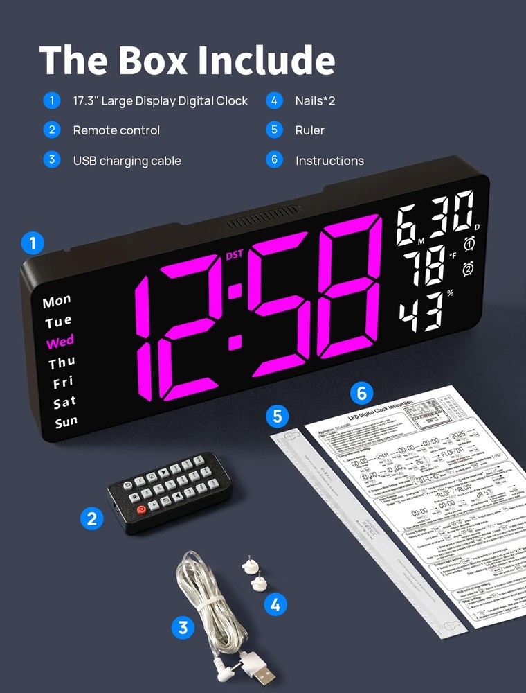 17.3" Large Digital Wall Mount Clock, Digital Clock with Remote Control, Alar...