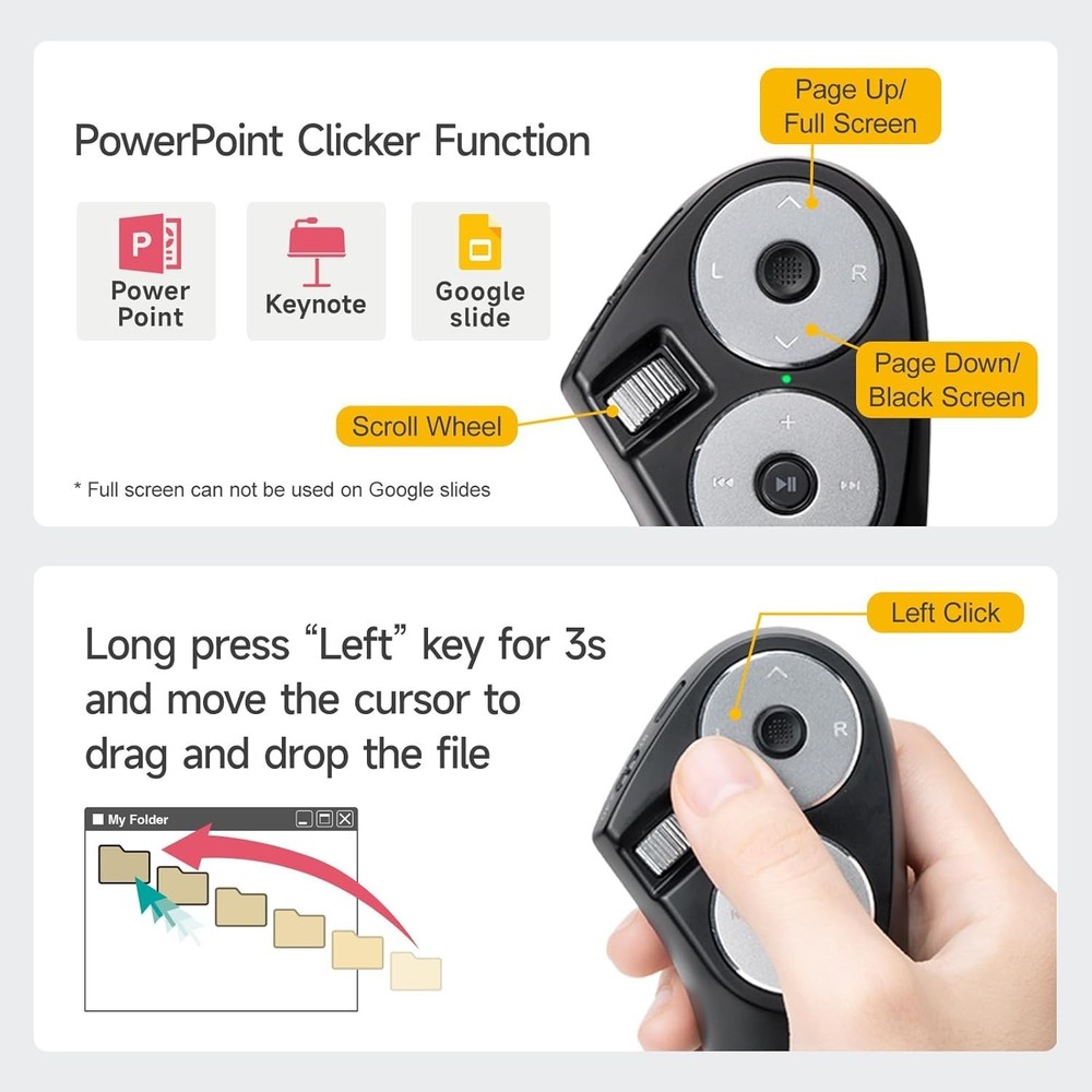 Rechargeable Bluetooth Mouse, 32ft Presentation Clicker, Lightweight & Portable