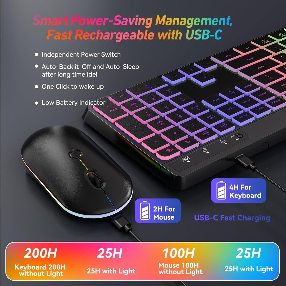 Backlit 2.4G Wireless Keyboard and Mouse Combo Full Size Rechargeable