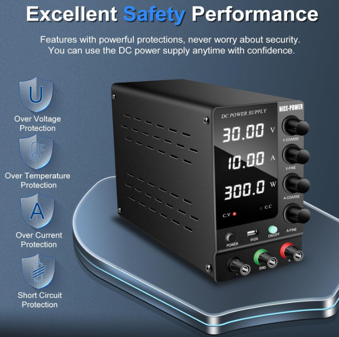DC Power Supply Variable 30V 10A, Adjustable Switching Regulated DC Bench Power