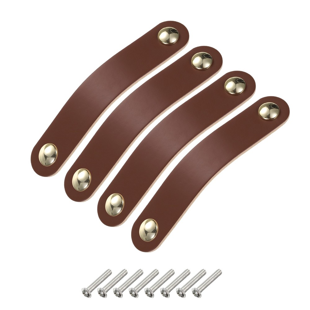 4 Packs Leather Drawer Pulls Double Hole Knobs, Brown/Gold(Hole Spacing:96mm)
