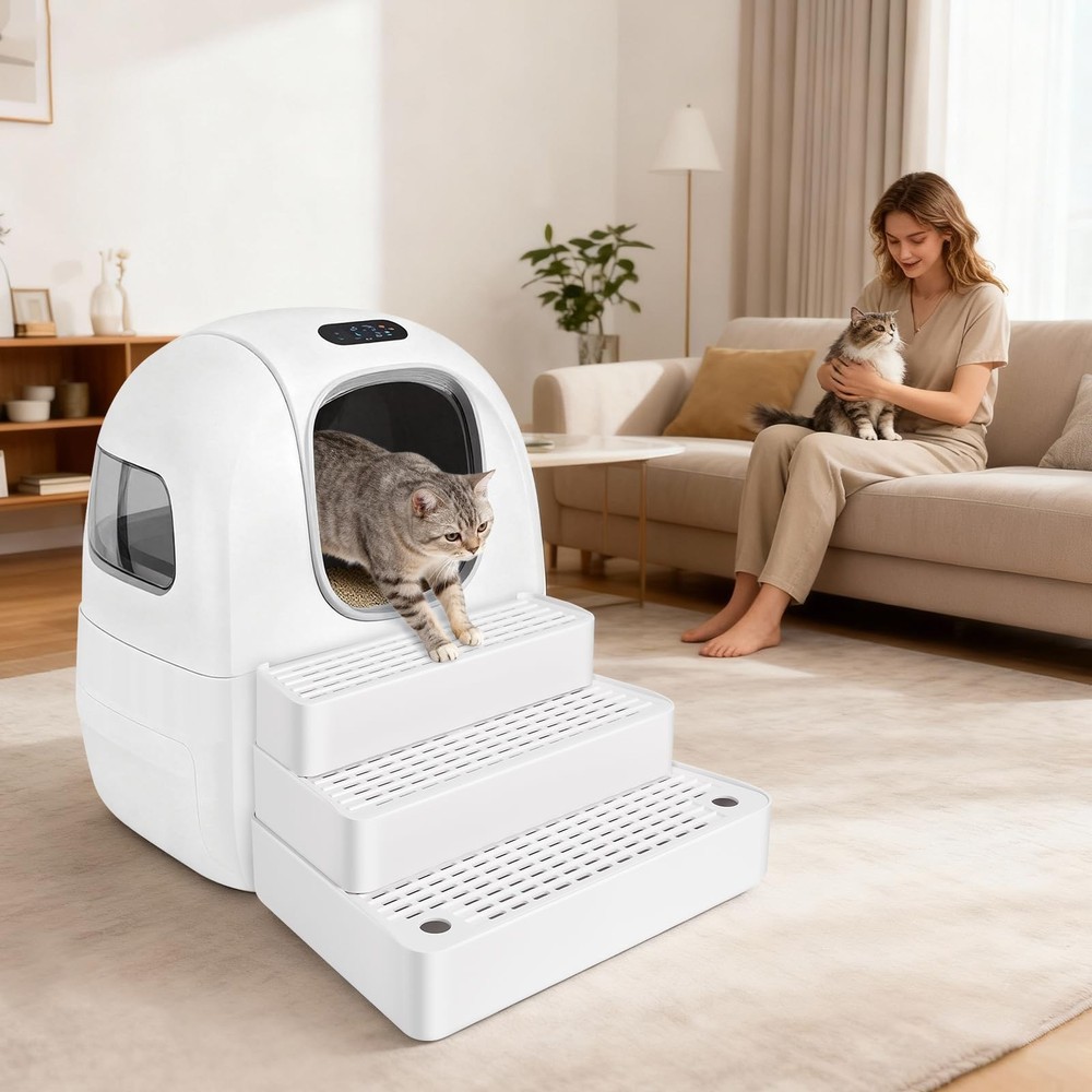 Bartuke Extra Large 3 Steps Litter Box Ramp Adjustable Cat Litter Box Step with