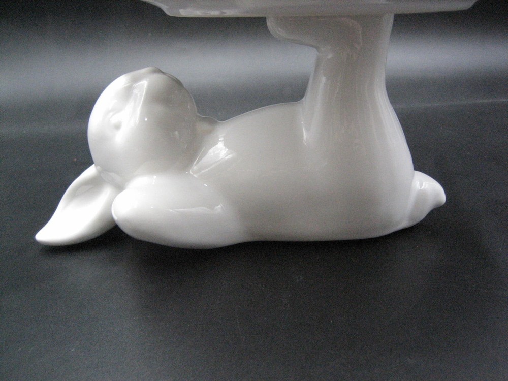 Ceramic Easter Bunny Rabbit Balancing Plate w/ Feet White UNIQUE