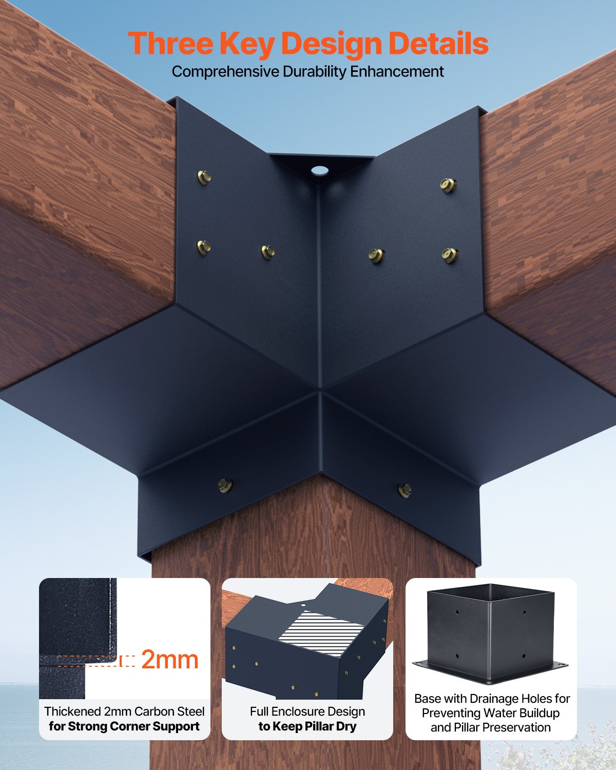 VEVOR 6x6" Pergola Bracket Kit Inner 5.5x5.5 3-Way Brackets 4 Pcs with 4 Bases