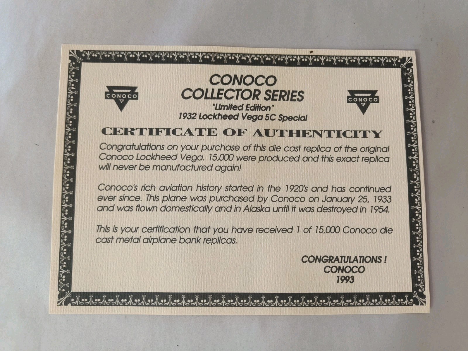 1932 Lockheed Vega 5C Special Conoco Diecast Plane Coin Bank Limited Edition '92