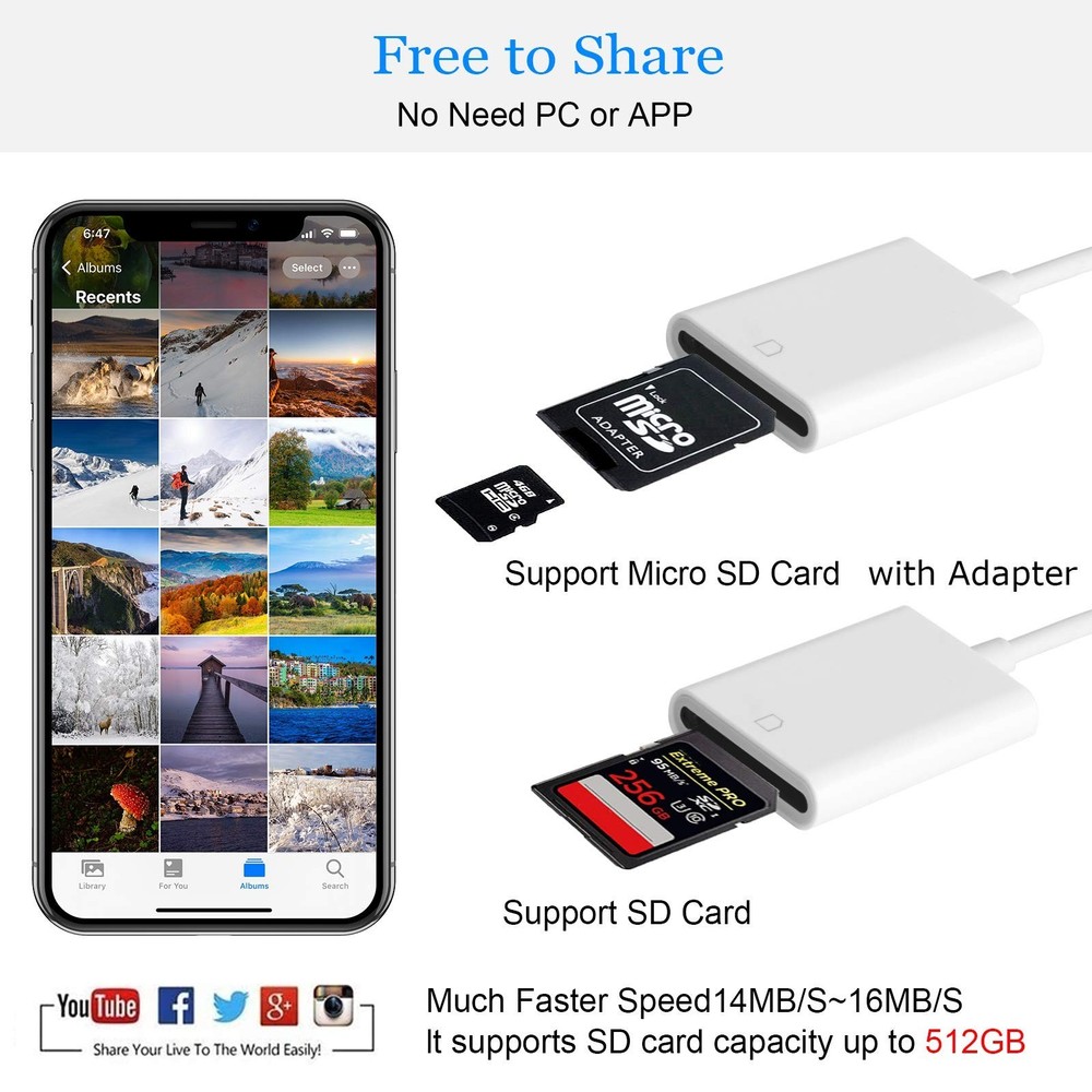 Lightning to SD Card Reader for Select iPhone, iPad and iPod Models (Support ...