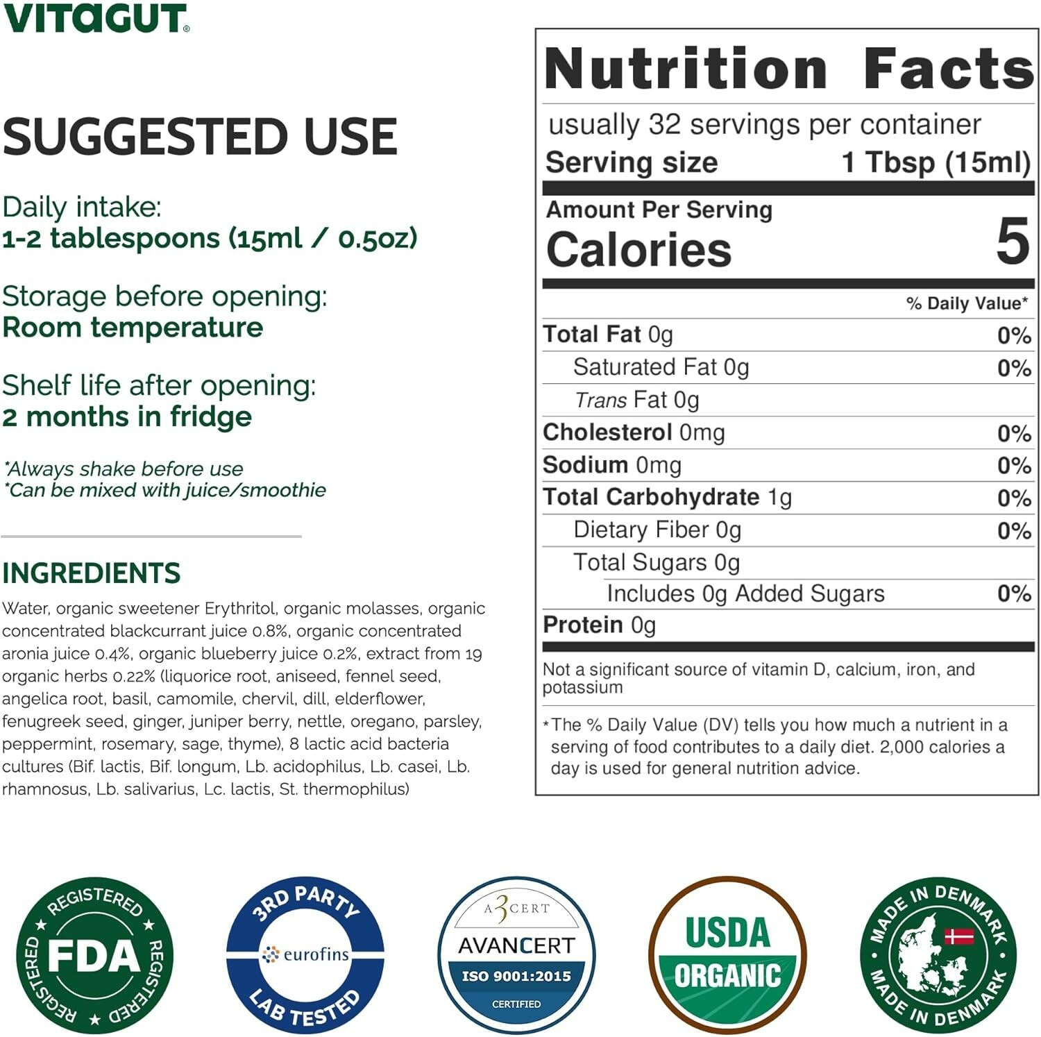 ✨ VITAGUT Liquid Probiotic Prebiotic Postbiotic 50Billion CFU 19Herbs Organic Gu