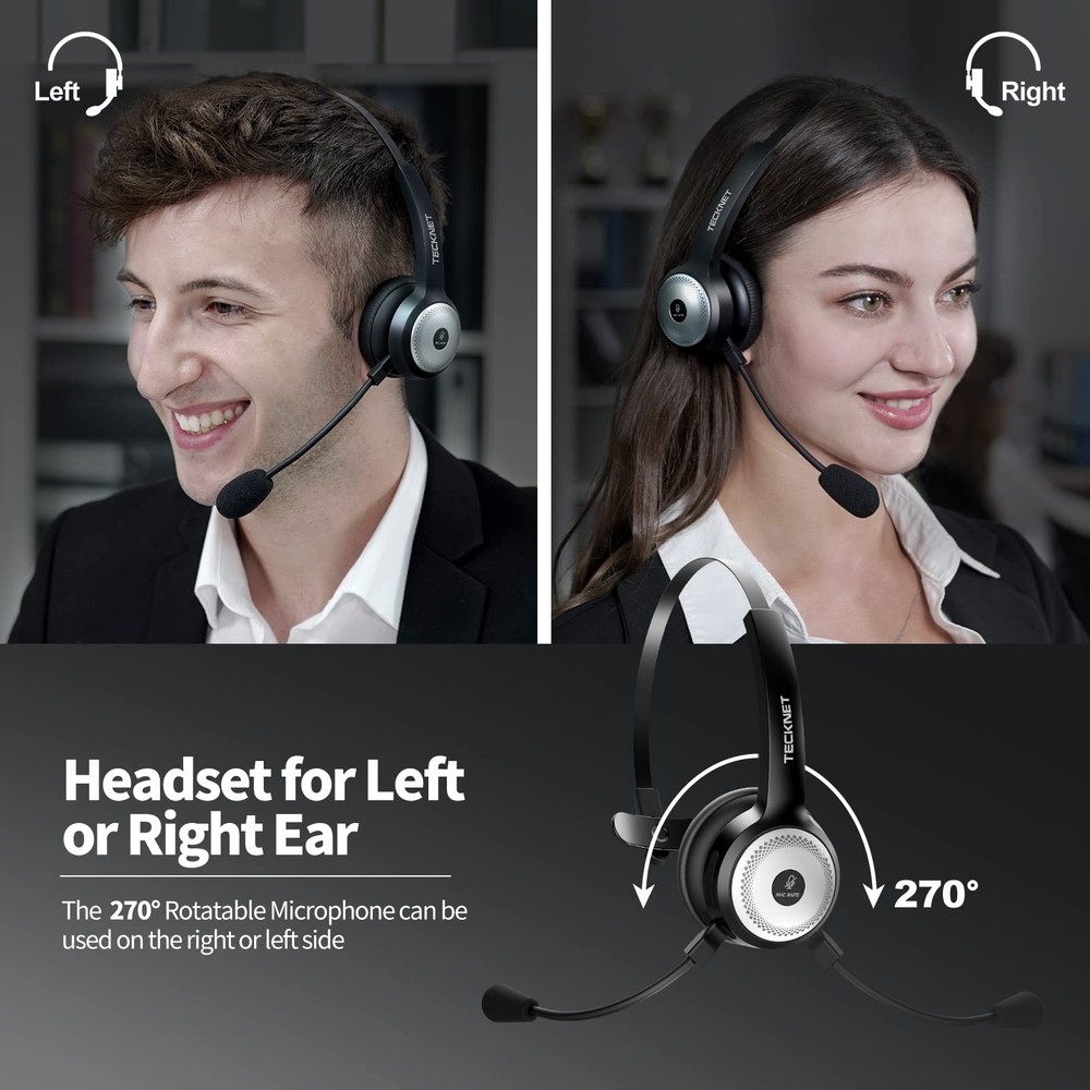 TECKNET Wireless Headset for Work, 40Hrs Worktime AI Noise Cancelling Computer H