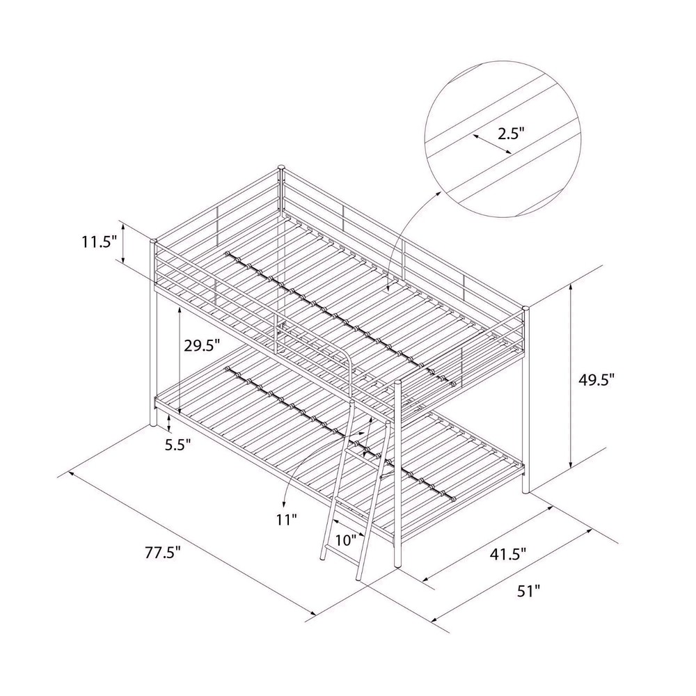 Small Spaces Twin-over-Twin Low Profile Junior Bunk Bed, Silver
