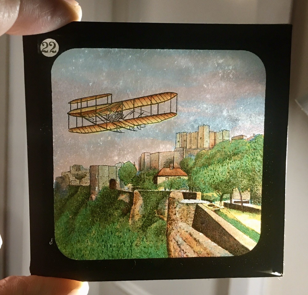 Rare Glass Lantern Slide The Wright Plane Flying Over Dover Castle?