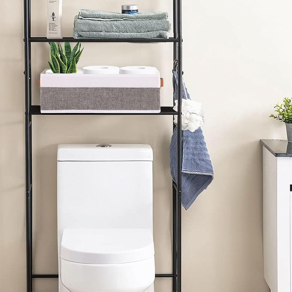 Foldable Open Storage Bins - Fabric Storage Containers with Leather Handles