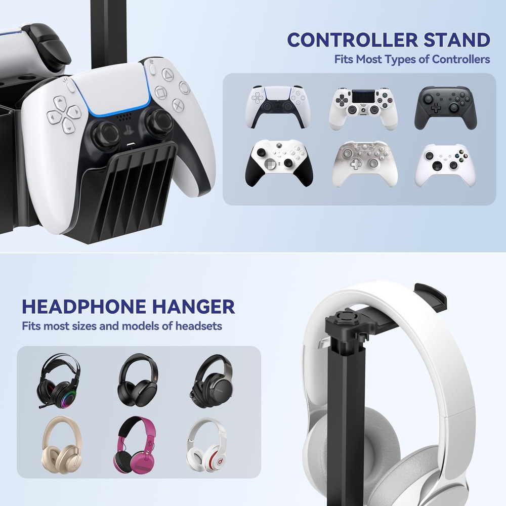 Dual Controller Holder with Headphone Stand - Multi-Functional Desk Storage Box