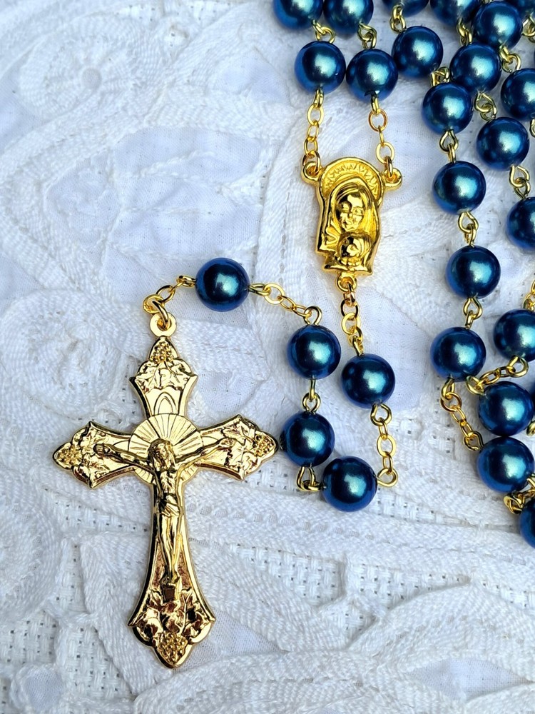 Paris Blue Glass Pearl and Crystal Rosary in Gold