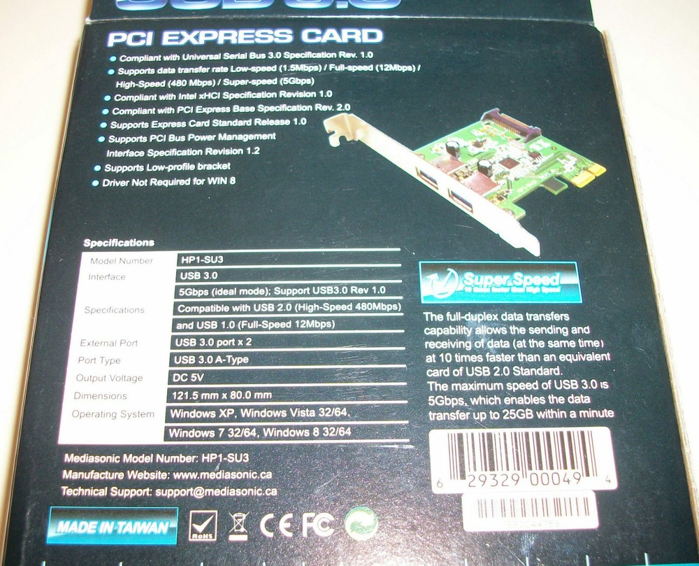 Quick Installation Guide, Driver CD Disc, Box Mediasonic HP1-SU3 USB 3 PCIe Card