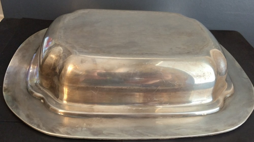 Antique silver serving dish with handled lid, grape design