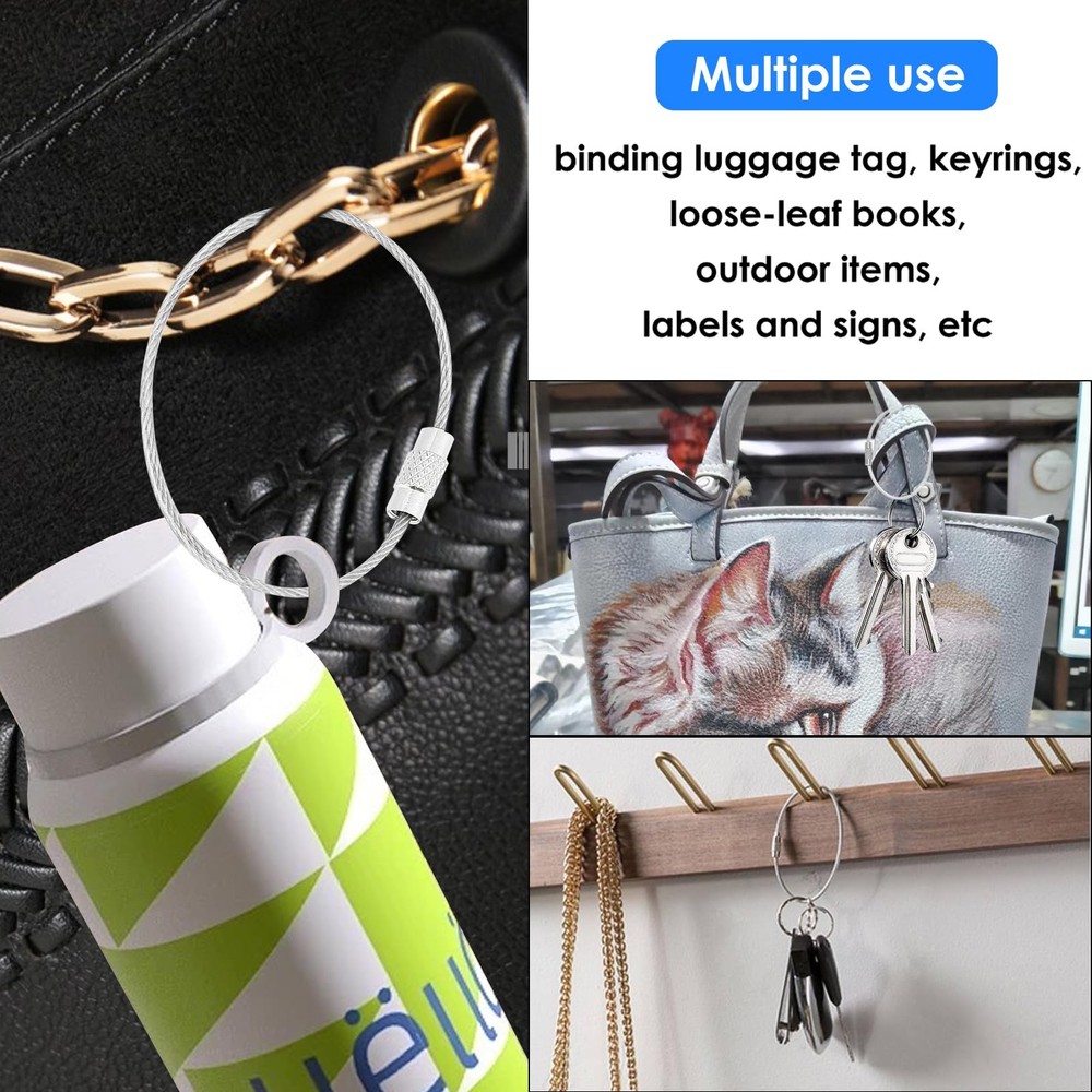 30 Pack 6 Inch Extendable Wire Keychain Cable Luggage Tags Loops Holder Silver