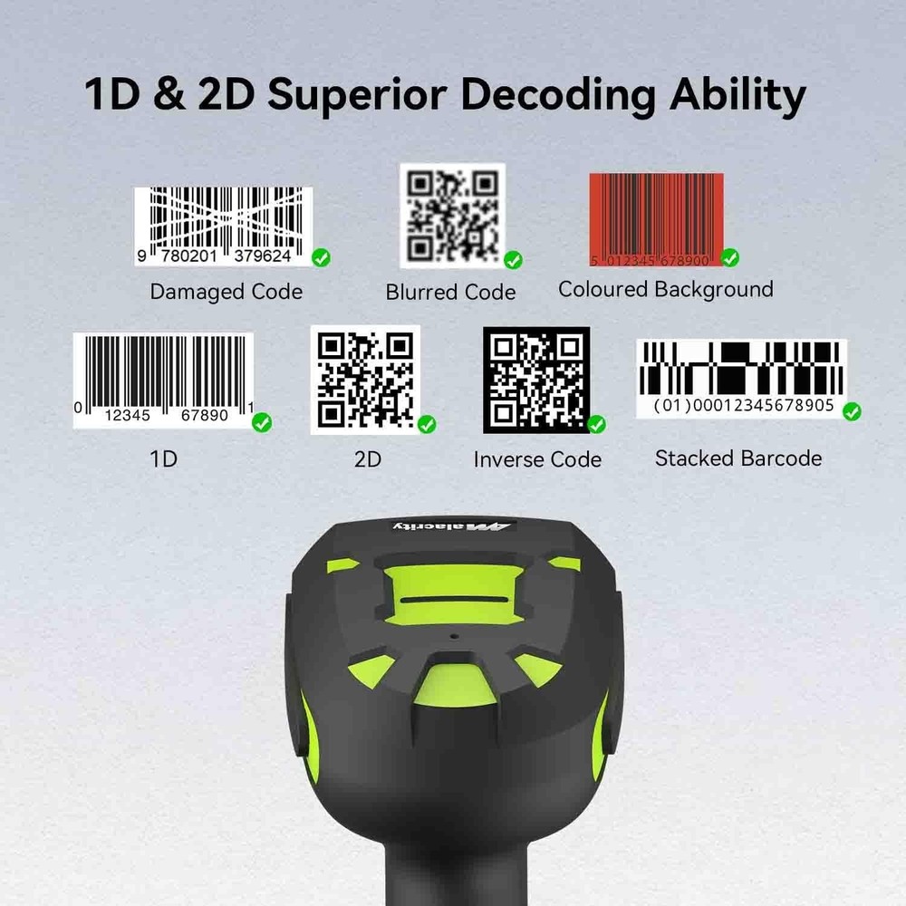Alacrity 2D Industrial Barcode Scanner Wireless & Bluetooth, 1968ft Range, Stand