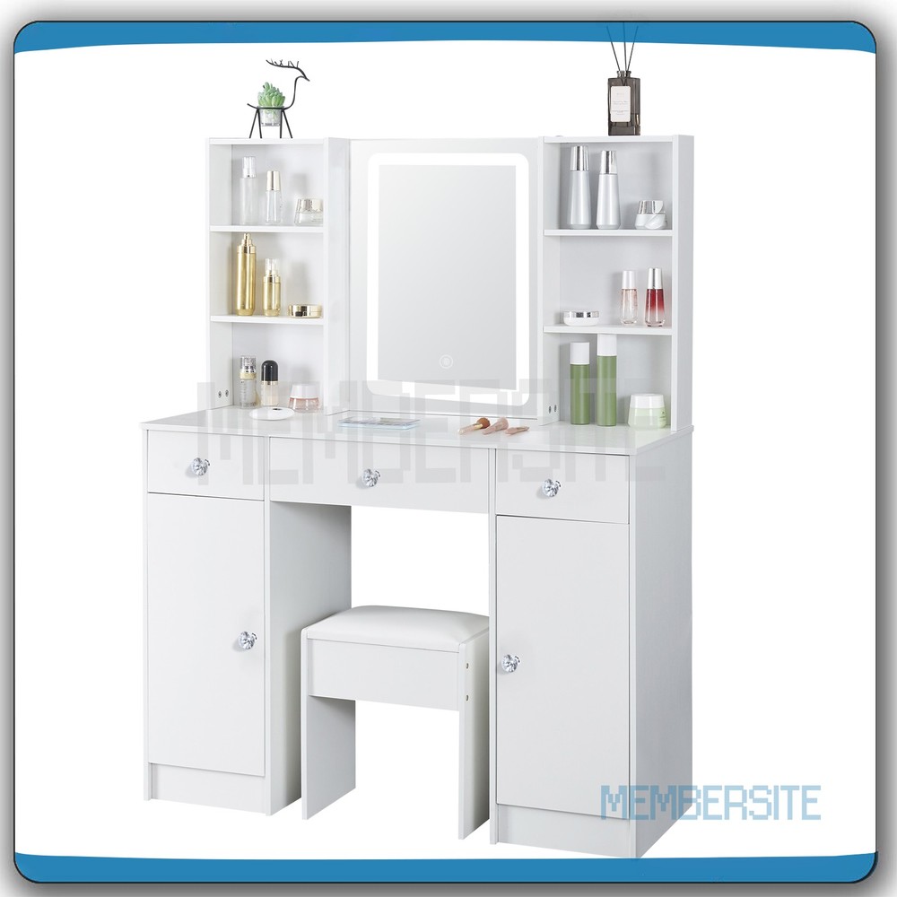 Vanity Table Makeup Dressing Desk with Smart LED Lighted Mirror and Stool White