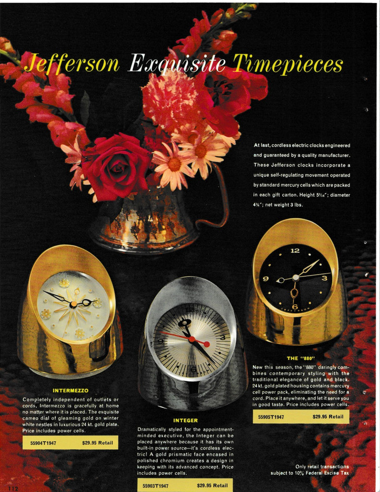 JEFFERSON EXQUISITE TIMEPIECES CLOCK INTERMEZZO INTEGER Self-Regulating 1960 ads