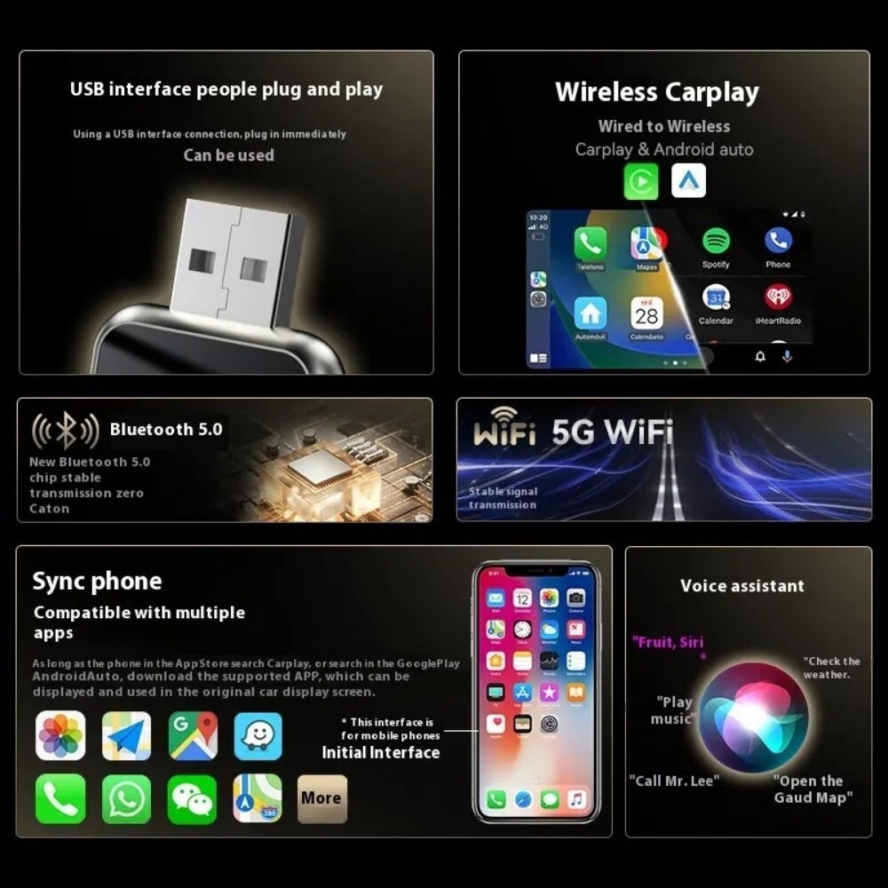USB Wireless CarPlay Adapter Dongle for Apple iPhone & Android Auto Plug & Play