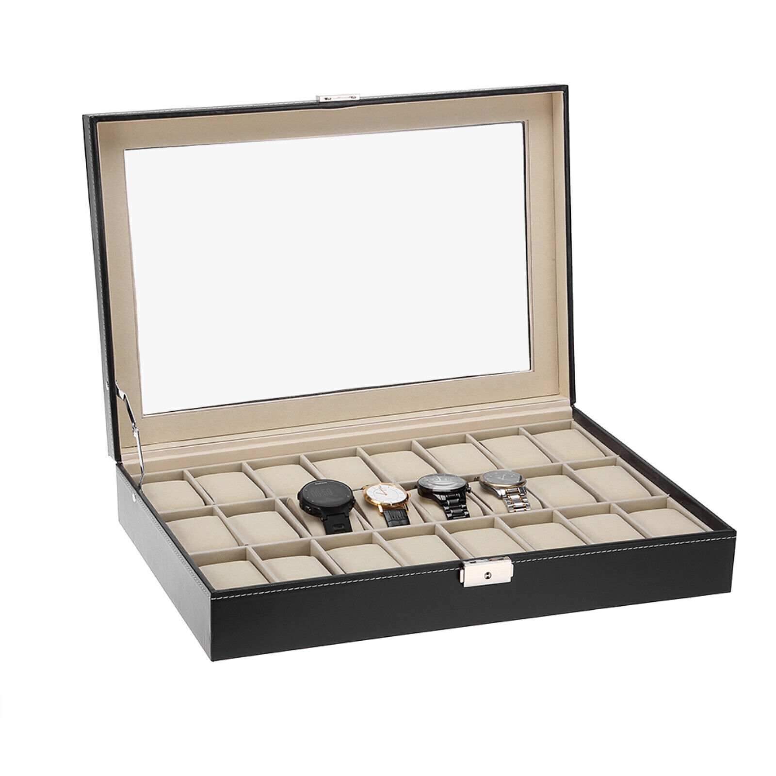 24 Slots Watch Box PU Leather Watch Case Organizer Watch Display Case Lockable